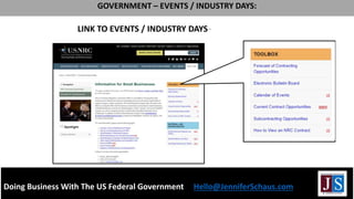 LINK TO EVENTS / INDUSTRY DAYS – OR INSERT LIST:
(insert here)
Doing Business With The US Federal Government Hello@JenniferSchaus.com
GOVERNMENT – EVENTS / INDUSTRY DAYS:
 