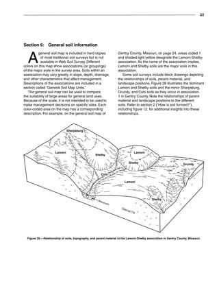 23
Section 6:  General soil information
A
general soil map is included in hard copies
of most traditional soil surveys but is not
available in Web Soil Survey. Different
colors on this map show associations (or groupings)
of the major soils in the survey area. Soils within an
association may vary greatly in slope, depth, drainage,
and other characteristics that affect management.
Descriptions of the associations are included in a
section called “General Soil Map Units.”
The general soil map can be used to compare
the suitability of large areas for general land uses.
Because of the scale, it is not intended to be used to
make management decisions on specific sites. Each
color-coded area on the map has a corresponding
description. For example, on the general soil map of
Gentry County, Missouri, on page 24, areas coded 1
and shaded light yellow designate the Lamoni-Shelby
association. As the name of the association implies,
Lamoni and Shelby soils are the major soils in this
association.
Some soil surveys include block drawings depicting
the relationships of soils, parent material, and
landscape positions. Figure 28 illustrates the dominant
Lamoni and Shelby soils and the minor Sharpsburg,
Grundy, and Colo soils as they occur in association
1 in Gentry County. Note the relationships of parent
material and landscape positions to the different
soils. Refer to section 2 (“How is soil formed?”),
including figure 12, for additional insights into these
relationships.
Figure 28.—Relationship of soils, topography, and parent material in the Lamoni-Shelby association in Gentry County, Missouri.
 