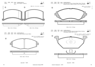 48 49тормозные колодки NRD каталог продукции — 2015
масштаб — 100% масштаб — 100%
N 090
N 113
N RD WVA SYS комп. применяемость ПТ ЗТ
N 113 23324 AKE A × 4 Chevrolet (Aveo, Erica, Evanda, Matiz, Rezzo, Tacuma),
Daewoo (Lanos, Leganza, Nubira, Prince, Super Salon)
143,0 × 51,5 × 17,6 мм
A
N RD WVA SYS комп. применяемость ПТ ЗТ
N 090 — — A × 2
B × 2
ЗАЗ (Таврия, Славута)
N RD WVA SYS комп. применяемость ПТ ЗТ
N 112 23241 АКЕ A × 4 Chery (QQ), Daewoo (Lanos, Matiz)
93,0 × 51,0 × 16,0 мм 93,0 × 51,0 × 16,0 мм
127,0 × 48,2 × 16,7 мм
A B
A
N RD WVA SYS комп. применяемость ПТ ЗТ
N 117 23130 KH А × 4 Audi (A2, A3), Seat (Toledo II), Skoda (Fabia, Octavia),
Volkswagen (Beetle, Bora, Golf IV)
146,0 × 54,7 × 19,8 мм
A
ЗАЗ: 1102-3501090, 1102-3501091
Chevrolet: 96288629, 96446176
Daewoo: 96273708, 96281945
Chevrolet: 96281937
Daewoo: S4510019
Audi: 1J0698151, 1J0698151A, 1J0698151B
Volkswagen: 1J0698151C, 1J0698151J
OEM OEM
OEM
OEM
 