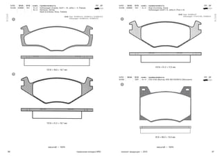 66 67тормозные колодки NRD каталог продукции — 2015
масштаб — 100% масштаб — 100%
N 346
N 348
N RD WVA SYS комп. применяемость ПТ ЗТ
N 346 20888 KH A × 2
B × 2
Volkswagen (Caddy, Golf I – III, Jetta I – II, Passat,
Santana, Venta),
Seat (Cordoba, Ibiza, Toledo)
137,8 × 49,0 × 19,7 мм
137,8 × 51,2 × 19,7 мм
A
B
Seat: 191698151H, 191698151J, 321698151G
Volkswagen: 191698151A, 191698151C
OEM
N RD WVA SYS комп. применяемость ПТ ЗТ
N 348 20889 KH A × 4 Seat (Cordoba, Ibiza)
Volkswagen (Golf I–II, Jetta II, Polo I–II)
N RD WVA SYS комп. применяемость ПТ ЗТ
N 392 — GIR A × 4 ГАЗ 3102 (Волга), ИЖ М2140/М412 (Москвич)
137,8 × 51,2 × 17,3 мм
97,8 × 68,3 × 15,0 мм
A
A
Seat: 191698151F
Volkswagen: 171615119D, 191698151
OEM
 