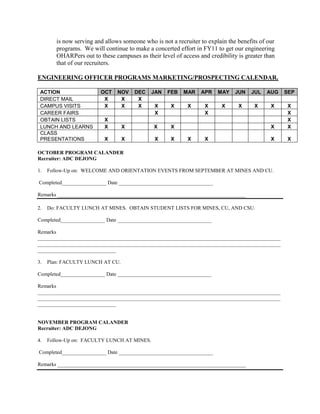 is now serving and allows someone who is not a recruiter to explain the benefits of our
        programs. We will continue to make a concerted effort in FY11 to get our engineering
        OHARPers out to these campuses as their level of access and credibility is greater than
        that of our recruiters.

ENGINEERING OFFICER PROGRAMS MARKETING/PROSPECTING CALENDAR.

 ACTION                  OCT    NOV    DEC   JAN    FEB   MAR    APR    MAY    JUN   JUL   AUG    SEP
 DIRECT MAIL              X      X      X
 CAMPUS VISITS            X      X      X      X     X      X      X     X      X     X      X    X
 CAREER FAIRS                                  X                   X                              X
 OBTAIN LISTS              X                                                                      X
 LUNCH AND LEARNS          X      X           X      X                                       X    X
 CLASS
 PRESENTATIONS             X      X            X     X      X      X                         X    X

OCTOBER PROGRAM CALANDER
Recruiter: ADC DEJONG

1.   Follow-Up on: WELCOME AND ORIENTATION EVENTS FROM SEPTEMBER AT MINES AND CU.

Completed_________________ Date ____________________________________

Remarks ________________________________________________________________________

2.   Do: FACULTY LUNCH AT MINES. OBTAIN STUDENT LISTS FOR MINES, CU, AND CSU.

Completed_________________ Date ____________________________________

Remarks
_____________________________________________________________________________________________
_____________________________________________________________________________________________
______________________________

3.   Plan: FACULTY LUNCH AT CU.

Completed_________________ Date ____________________________________

Remarks
_____________________________________________________________________________________________
_____________________________________________________________________________________________
______________________________


NOVEMBER PROGRAM CALANDER
Recruiter: ADC DEJONG

4.   Follow-Up on: FACULTY LUNCH AT MINES.

Completed_________________ Date ____________________________________

Remarks ________________________________________________________________________
 