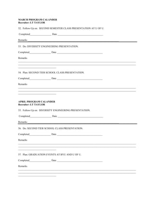 MARCH PROGRAM CALANDER
Recruiter: LT TAYLOR

52. Follow-Up on: SECOND SEMESTER CLASS PRESENTATION AT U OF U.

Completed_________________ Date ____________________________________

Remarks ________________________________________________________________________

53. Do: DIVERSITY ENGINEERING PRESENTATION.

Completed_________________ Date ____________________________________

Remarks
_____________________________________________________________________________________________
_____________________________________________________________________________________________
______________________________

54. Plan: SECOND TIER SCHOOL CLASS PRESENTATION.

Completed_________________ Date ____________________________________

Remarks
_____________________________________________________________________________________________
_____________________________________________________________________________________________
______________________________


APRIL PROGRAM CALANDER
Recruiter: LT TAYLOR

55. Follow-Up on: DIVERSITY ENGINEERING PRESENTATION.

Completed_________________ Date ____________________________________

Remarks ________________________________________________________________________

56. Do: SECOND TIER SCHOOL CLASS PRESENTATION.

Completed_________________ Date ____________________________________

Remarks
_____________________________________________________________________________________________
_____________________________________________________________________________________________
______________________________

57. Plan: GRADUATION EVENTS AT BYU AND U OF U.

Completed_________________ Date ____________________________________

Remarks
_____________________________________________________________________________________________
_____________________________________________________________________________________________
______________________________
 