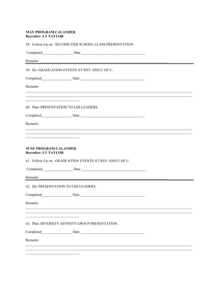 MAY PROGRAM CALANDER
Recruiter: LT TAYLOR

58. Follow-Up on: SECOND TIER SCHOOL CLASS PRESENTATION.

Completed_________________ Date ____________________________________

Remarks ________________________________________________________________________

59. Do: GRADUATION EVENTS AT BYU AND U OF U.

Completed_________________ Date ____________________________________

Remarks
_____________________________________________________________________________________________
_____________________________________________________________________________________________
______________________________

60. Plan: PRESENTATION TO LDS LEADERS.

Completed_________________ Date ____________________________________

Remarks
_____________________________________________________________________________________________
_____________________________________________________________________________________________
______________________________


JUNE PROGRAM CALANDER
Recruiter: LT TAYLOR

61. Follow-Up on: GRADUATION EVENTS AT BYU AND U OF U.

Completed_________________ Date ____________________________________

Remarks ________________________________________________________________________

62. Do: PRESENTATION TO LDS LEADERS.

Completed_________________ Date ____________________________________

Remarks
_____________________________________________________________________________________________
_____________________________________________________________________________________________
______________________________

63. Plan: DIVERSITY AFFINITY GROUP PRESENTATION.

Completed_________________ Date ____________________________________

Remarks
_____________________________________________________________________________________________
_____________________________________________________________________________________________
______________________________
 