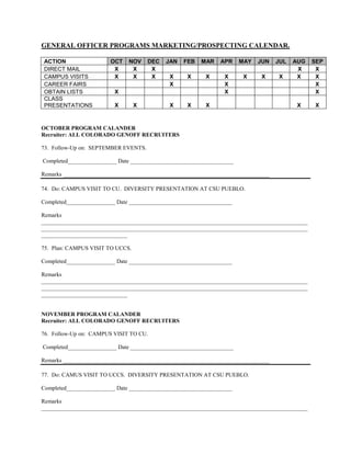 GENERAL OFFICER PROGRAMS MARKETING/PROSPECTING CALENDAR.

ACTION                  OCT    NOV    DEC   JAN   FEB    MAR   APR     MAY   JUN   JUL   AUG    SEP
DIRECT MAIL              X      X      X                                                  X      X
CAMPUS VISITS            X      X      X     X      X     X      X      X    X     X      X      X
CAREER FAIRS                                 X                   X                               X
OBTAIN LISTS              X                                      X                               X
CLASS
PRESENTATIONS             X       X          X      X     X                               X     X


OCTOBER PROGRAM CALANDER
Recruiter: ALL COLORADO GENOFF RECRUITERS

73. Follow-Up on: SEPTEMBER EVENTS.

Completed_________________ Date ____________________________________

Remarks ________________________________________________________________________

74. Do: CAMPUS VISIT TO CU. DIVERSITY PRESENTATION AT CSU PUEBLO.

Completed_________________ Date ____________________________________

Remarks
_____________________________________________________________________________________________
_____________________________________________________________________________________________
______________________________

75. Plan: CAMPUS VISIT TO UCCS.

Completed_________________ Date ____________________________________

Remarks
_____________________________________________________________________________________________
_____________________________________________________________________________________________
______________________________


NOVEMBER PROGRAM CALANDER
Recruiter: ALL COLORADO GENOFF RECRUITERS

76. Follow-Up on: CAMPUS VISIT TO CU.

Completed_________________ Date ____________________________________

Remarks ________________________________________________________________________

77. Do: CAMUS VISIT TO UCCS. DIVERSITY PRESENTATION AT CSU PUEBLO.

Completed_________________ Date ____________________________________

Remarks
_____________________________________________________________________________________________
 