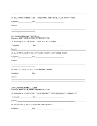 _____________________________________________________________________________________________
______________________________

78. Plan: SPRING CAREER FAIRS – MARCH/APRIL TIMEFRAME. CAMPUS VISIT TO CSU.

Completed_________________ Date ____________________________________

Remarks
_____________________________________________________________________________________________
_____________________________________________________________________________________________
______________________________


DECEMBER PROGRAM CALANDER
Recruiter: ALL COLORADO GENOFF RECRUITERS

79. Follow-Up on: CAMPUS VISIT TO CSU PUELBO AND UCCS.

Completed_________________ Date ____________________________________

Remarks ________________________________________________________________________

80. Do: CAMPUS VISIT TO CSU, DIVERSITY PRESENTATION AT RED ROCKS.

Completed_________________ Date ____________________________________

Remarks
_____________________________________________________________________________________________
_____________________________________________________________________________________________
______________________________

81. Plan: DIVERSITY PRESENTATION AT FRONT RANGE CC.

Completed_________________ Date ____________________________________

Remarks
_____________________________________________________________________________________________
_____________________________________________________________________________________________
______________________________


JANUARY PROGRAM CALANDER
Recruiter: ALL COLORADO GENOFF RECRUITERS

82. Follow-Up on: CAMPUS VISIT TO CSU, DIVERSITY PRESENTATION AT RED ROCKS CC.

Completed_________________ Date ____________________________________

Remarks ________________________________________________________________________

83. Do: DIVERSITY PRESENTATION AT FRONT RANGE CC..

Completed_________________ Date ____________________________________
 