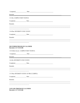 Completed_________________ Date ____________________________________

Remarks ________________________________________________________________________

113. Do: CAMPUS VISIT TO BYUI.

Completed_________________ Date ____________________________________

Remarks
_____________________________________________________________________________________________
_____________________________________________________________________________________________
______________________________

114. Plan: DIVERSITY CIVIC EVENT.

Completed_________________ Date ____________________________________

Remarks
_____________________________________________________________________________________________
_____________________________________________________________________________________________
______________________________


DECEMBER PROGRAM CALANDER
Recruiter: LT TAYLOR

115. Follow-Up on: CAMPUS VISIT TO BYUI.

Completed_________________ Date ____________________________________

Remarks ________________________________________________________________________

116. Do: DIVERSITY CIVIC EVENT.

Completed_________________ Date ____________________________________

Remarks
_____________________________________________________________________________________________
_____________________________________________________________________________________________
______________________________

117. Plan: DIVERSITY EVENT AT PRI 2 CAMPUS.

Completed_________________ Date ____________________________________

Remarks
_____________________________________________________________________________________________
_____________________________________________________________________________________________
______________________________


JANUARY PROGRAM CALANDER
Recruiter: LT TAYLOR
 