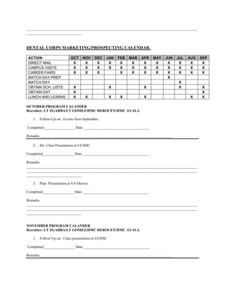 _____________________________________________________________________________________________
______________________________



DENTAL CORPS MARKETING/PROSPECTING CALENDAR.

ACTION                      OCT    NOV     DEC   JAN     FEB   MAR   APR   MAY   JUN   JUL   AUG   SEP
DIRECT MAIL                  X      X       X     X       X     X     X     X     X     X     X     X
CAMPUS VISITS                X      X       X     X       X     X     X     X     X     X     X     X
CAREER FAIRS                 X      X       X             X     X     X     X     X     X     X     X
MATCH DAY PREP                                                                    X
MATCH DAY                                                                              X
OBTAIN SCH. LISTS             X                      X                X                X           X
OBTAIN DAT                    X                                                                    X
LUNCH AND LEARNS              X      X               X   X            X                       X    X

OCTOBER PROGRAM CALANDER
Recruiter: LT ZGARBA/LT GOMEZ/HMC DEROUEN/HMC AYALA

   1.   Follow-Up on: Events from September.

Completed_________________ Date ____________________________________

Remarks ________________________________________________________________________

   2.   Do: Class Presentation at UCHSC.

Completed_________________ Date ____________________________________

Remarks
_____________________________________________________________________________________________
_____________________________________________________________________________________________
______________________________

   3.   Plan: Presentation at VA Denver.

Completed_________________ Date ____________________________________

Remarks
_____________________________________________________________________________________________
_____________________________________________________________________________________________
______________________________


NOVEMBER PROGRAM CALANDER
Recruiter: LT ZGARBA/LT GOMEZ/HMC DEROUEN/HMC AYALA

   1.   Follow-Up on: Class presentation at UCHSC.

Completed_________________ Date ____________________________________

Remarks ________________________________________________________________________
 