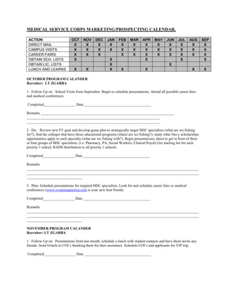 MEDICAL SERVICE CORPS MARKETING/PROSPECTING CALENDAR.

 ACTION                       OCT     NOV      DEC     JAN     FEB    MAR      APR     MAY     JUN     JUL     AUG       SEP
 DIRECT MAIL                   X       X        X       X       X      X        X       X       X       X       X         X
 CAMPUS VISITS                 X       X        X       X       X      X        X       X       X       X       X         X
 CAREER FAIRS                  X       X        X               X      X        X       X       X       X       X         X
 OBTAIN SCH. LISTS             X                        X                       X                       X                 X
 OBTAIN LIC. LISTS                                      X                                        X
 LUNCH AND LEARNS               X       X               X       X                X                               X       X

OCTOBER PROGRAM CALANDER
Recruiter: LT ZGARBA

1. Follow-Up on: School Visits from September. Begin to schedule presentations. Attend all possible career fairs
and medical conferences.

Completed_________________ Date ____________________________________

Remarks ________________________________________________________________________
________________________________________________________________________
________________________________________________________________________

2. Do: Review new FY goal and develop game plan to strategically target MSC specialties (what are we fishing
for?), find the colleges that have those educational programs (where are we fishing?); study what Navy scholarships
opportunities apply to each specialty (what are we fishing with?). Begin presentations; shoot to get in front of three
or four groups of MSC specialties. (i.e. Pharmacy, PA, Social Workers, Clinical Psych) Get mailing list for each
priority 1 school. RADS distribution to all priority 1 schools.

Completed_________________ Date ____________________________________

Remarks
_____________________________________________________________________________________________
_____________________________________________________________________________________________
______________________________

3. Plan: Schedule presentations for targeted MSC specialties. Look for and schedule career fairs or medical
conferences (www.eventsinamerica.com is your new best friend).

Completed_________________ Date ____________________________________

Remarks
_____________________________________________________________________________________________
_____________________________________________________________________________________________
______________________________

NOVEMBER PROGRAM CALANDER
Recruiter: LT ZGARBA

1. Follow-Up on: Presentations from last month; schedule a lunch with student contacts and have them invite any
friends. Send Emails to COI’s thanking them for their assistance. Schedule COI’s and applicants for VIP trip.

Completed_________________ Date ____________________________________
 