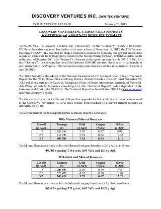 DISCOVERY VENTURES INC. (DVN-TSX-VENTURE)
            FOR IMMEDIATE RELEASE                                          February 20, 2013

                 DISCOVERY VENTURES INC. CLOSES WILLA PROPERTY
                  ACQUISITION and ANNOUNCES RESOURCE ESTIMATE


VANCOUVER – Discovery Ventures Inc. (“Discovery” or the “Company”) (TSX VENTURE:
DVN) is pleased to announce that further to its news release of November 19, 2012, the TSX Venture
Exchange (“TSXV”) has accepted for filing a transaction wherein the Company was granted an option to
acquire an interest in the Willa property located in the Slocan Mining Division, British Columbia, south
of the town of Silverton B.C. (the “Property”). Pursuant to the option agreement with 0951719 B.C. Ltd
(the “Optionor”), the Company has issued the Optionor 1,000,000 common shares as an initial tranche to
earn an interest in the Property. The hold period expiry date in respect of this initial tranche of shares is
June 20, 2013.

The Willa Property is the subject of the National Instrument 43-101 technical report entitled “Technical
Report On The Willa Deposit Slocan Mining District, British Columbia, Canada” dated November 23,
2012 and jointly authored by David K. Makepeace P.Eng. of Micon International Limited and Wayne M.
Ash P.Eng. of Ash & Associates Consulting Ltd. (the “Technical Report”) both independent of the
Company as defined under NI 43-101. The Technical Report has been filed on SEDAR (www.sedar.com)
under the Company’s profile.

The Company advises that the Technical Report has upgraded the historical mineral resource announced
in the Company’s November 19, 2012 news release from historical to a current mineral resource as
defined by NI 43-101.

The current mineral resource reported in the Technical Report is as follows:

                                   Willa Measured Mineral Resources
               Cut-off           Tonnage             Gold           Copper            Silver
               (g Au/t)            (t)             (g Au/t)         (%Cu)            (g Ag/t)
                  1.5          1,428,934             3.97            0.67              8.97
                  2.5            814,970             5.52            0.84             10.55
                  3.5            495,784             7.18            0.94             12.16

The Mineral Resource estimate within the Measured category based on a 3.5 g Au/t cut-off was:
                       495,784 t grading 7.18 g Au/t, 0.94 %Cu and 12.16 g Ag/t.

                                   Willa Indicated Mineral Resources
               Cut-off           Tonnage             Gold           Copper            Silver
               (g Au/t)            (t)             (g Au/t)         (%Cu)            (g Ag/t)
                  1.5          1,200,508             2.96            0.49              7.46
                  2.5            522,487             4.32            0.59             10.99
                  3.5            262,415             5.71            0.67             13.26

The Mineral Resource estimate within the Indicated category based on a 3.5 g Au/t cut-off was:
                       262,415 t grading 5.71 g Au/t, 0.67 %Cu and 13.26 g Ag/t.
 