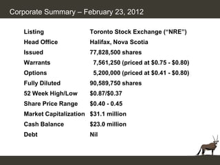 Corporate Summary – February 23, 2012

   Listing               Toronto Stock Exchange (“NRE”)
   Head Office           Halifax, Nova Scotia
   Issued                77,828,500 shares
   Warrants               7,561,250 (priced at $0.75 - $0.80)
   Options                5,200,000 (priced at $0.41 - $0.80)
   Fully Diluted         90,589,750 shares
   52 Week High/Low      $0.87/$0.37
   Share Price Range     $0.40 - 0.45
   Market Capitalization $31.1 million
   Cash Balance          $23.0 million
   Debt                  Nil
 