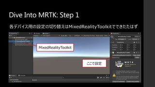 Dive Into MRTK: Step 1
各デバイス用の設定の切り替えはMixedRealityToolkitでできたたはず
MixedRealityToolkit
ここで設定
 