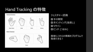 Hand Tracking の特徴
ジェスチャー認識
 手の開閉
 ポインティング(指差し)
 Vサイン
 ピンチ (つまみ)
簡単にこれらの情報をプログラムで
取得できる！
 