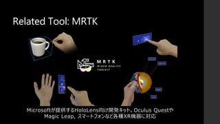 Related Tool: MRTK
Microsoftが提供するHoloLens向け開発キット。Oculus Questや
Magic Leap, スマートフォンなど各種XR機器に対応
 