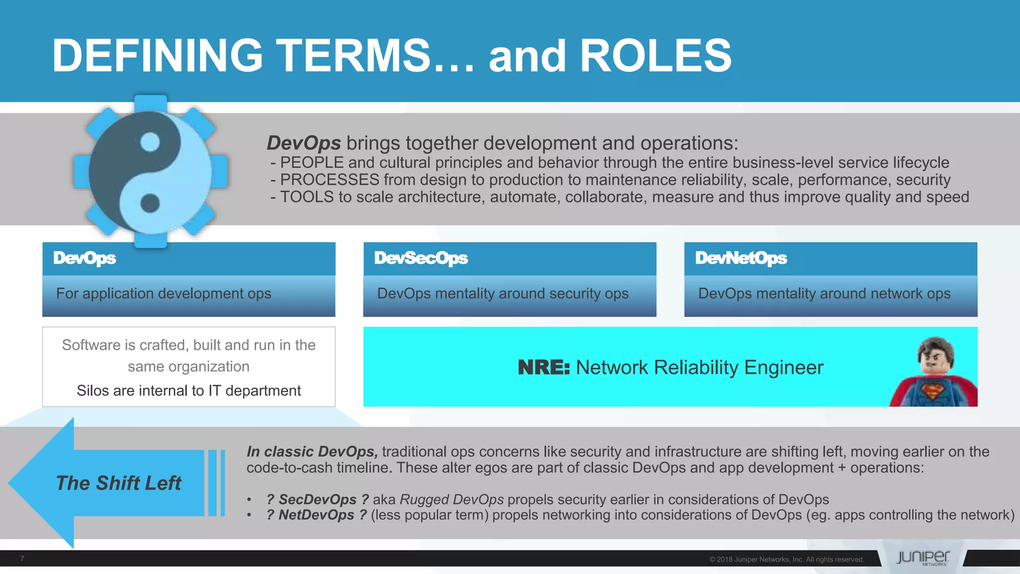 DEFINING TERMS… and ROLES
For application development ops DevOps mentality around security ops DevOps mentality around network ops
DevOps DevSecOps DevNetOps
DevOps brings together development and operations:
- PEOPLE and cultural principles and behavior through the entire business-level service lifecycle
- PROCESSES from design to production to maintenance reliability, scale, performance, security
- TOOLS to scale architecture, automate, collaborate, measure and thus improve quality and speed
In classic DevOps, traditional ops concerns like security and infrastructure are shifting left, moving earlier on the
code-to-cash timeline. These alter egos are part of classic DevOps and app development + operations:
• ? SecDevOps ? aka Rugged DevOps propels security earlier in considerations of DevOps
• ? NetDevOps ? (less popular term) propels networking into considerations of DevOps (eg. apps controlling the network)
The Shift Left
NRE: Network Reliability Engineer
Software is crafted, built and run in the
same organization
Silos are internal to IT department
 