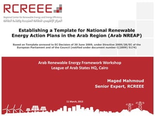 Arab Renewable Energy Framework Workshop
       League of Arab States HQ, Cairo


                                   Maged Mahmoud
                              Senior Expert, RCREEE


             11 March, 2013
 