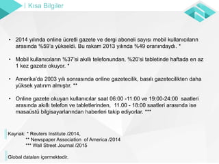 Kaynak: * Reuters Institute /2014,
** Newspaper Association of America /2014
*** Wall Street Journal /2015
Global dataları içermektedir.
• 2014 yılında online ücretli gazete ve dergi aboneli sayısı mobil kullanıcıların
arasında %59’a yükseldi. Bu rakam 2013 yılında %49 oranındaydı. *
• Mobil kullanıcıların %37’si akıllı telefonundan, %20’si tabletinde haftada en az
1 kez gazete okuyor. *
• Amerika’da 2003 yılı sonrasında online gazetecilik, basılı gazetecilikten daha
yüksek yatırım almıştır. **
• Online gazete okuyan kullanıcılar saat 06:00 -11:00 ve 19:00-24:00 saatleri
arasında akıllı telefon ve tabletlerinden, 11.00 - 18:00 saatleri arasında ise
masaüstü bilgisayarlarından haberleri takip ediyorlar. ***
Kısa Bilgiler
 