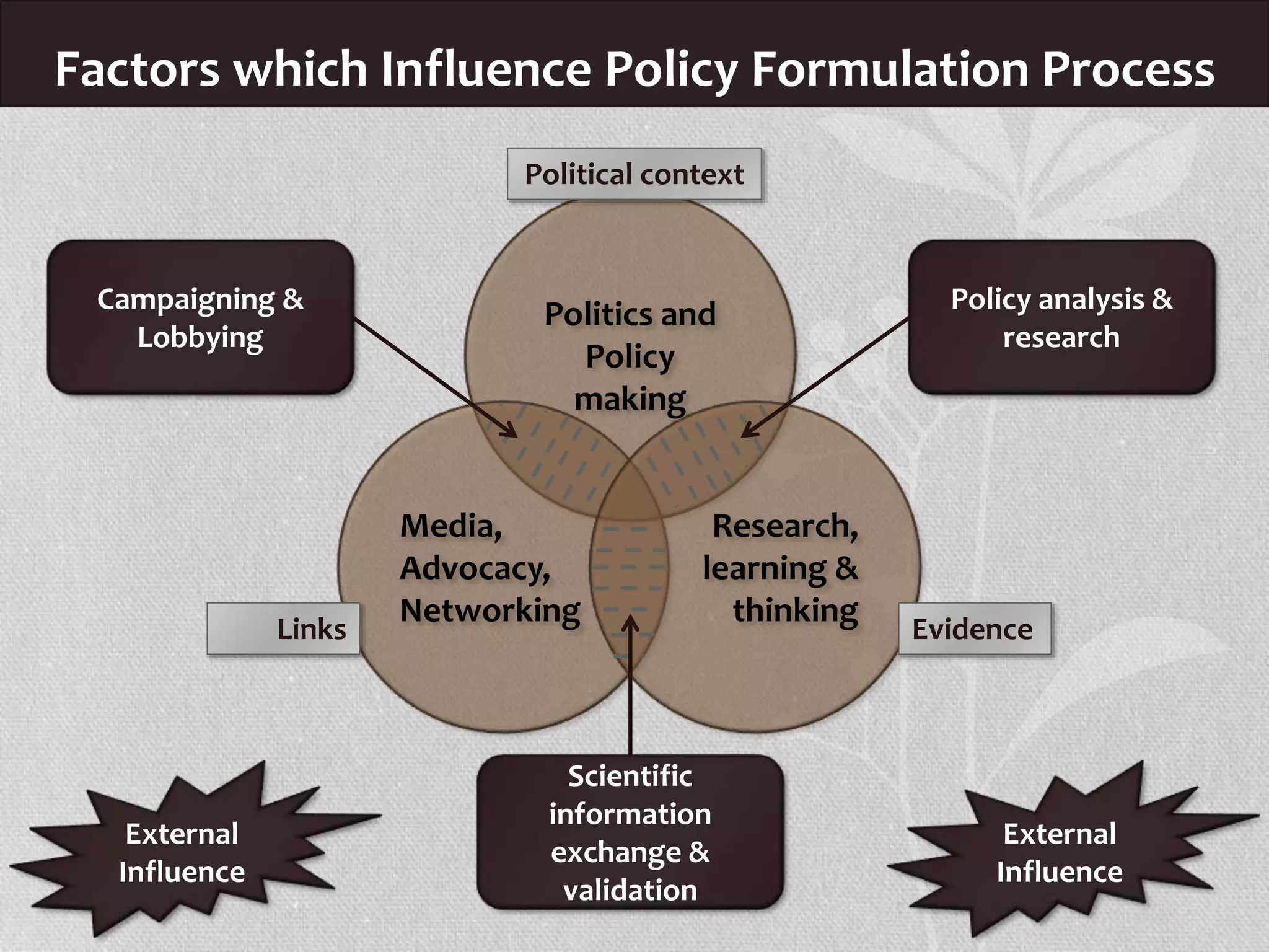 Politics and
Policy
making
Media,
Advocacy,
Networking
Research,
learning &
thinking
Factors which Influence Policy Formulation Process
Political context
Links Evidence
External
Influence
External
Influence
Campaigning &
Lobbying
Policy analysis &
research
Scientific
information
exchange &
validation
 
