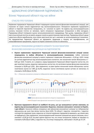 Ділова думка / За чесну та прозору митницю Бізнес під час війни: Черкаська область. Жовтень’23
4
ЩОМІСЯЧНЕ ОПИТУВАННЯ ПІДПРИЄМСТВ
Бізнес Черкаської області під час війни
СТИСЛО ПРО ГОЛОВНЕ
Керівники підприємств Черкаської області покращили оцінки власної фінансово-економічної ситуації, але
показник не надто сильно відрізняється від загальноукраїнського. Очікування керівників підприємств
області в піврічній перспективі погіршились, як і загалом по країні. На відміну від загальноукраїнських
значень показник істотно не змінився, проте очікування підприємців погіршилися в обох випадках.
Підприємці області погіршили оцінки загальноекономічного середовища. При цьому, підприємці області
вже кілька місяців поспіль не мають жодних планів на довгострокову перспективу. Підприємці області дещо
наростили обсяги виробництва, хоча темпи зростання все ще є нижчими за загальноукраїнські показники.
На підприємствах Черкаської області не відчувають труднощів у пошуку ані кваліфікованих, ані
некваліфікованих працівників, тоді як по Україні значення істотно не змінилось.
ЗАГАЛЬНІ ПОКАЗНИКИ ДІЛОВОГО КЛІМАТУ ТА КОН’ЮНКТУРИ
ФІНАНСОВО-ЕКОНОМІЧНА СИТУАЦІЯ НА ПІДПРИЄМСТВІ
• Оцінки керівниками підприємств Черкаської власної фінансово-економічної ситуації значно
покращились та майже збігаються із загальноукраїнським показником. Індекс поточної
фінансово-економічної ситуації у жовтні порівняно з вереснем збільшився з -0,10 до -0,03 і тепер
не суттєво відрізняється від загальноукраїнського значення, яке незначним чином збільшилось із -
0,05 до -0,02. У жовтні, як і у вересні, серед підприємств Черкаської області відсутня частка тих, хто
дає позитивні оцінки, водночас зменшилась частка тих, хто негативно оцінює фінансово-економічну
ситуацію (з 10,0% до 3,3%). Для порівняння, на рівні країни незначним чином збільшилась частка
позитивних оцінок (із 7,8% до 8,2%), водночас частка негативних оцінок суттєво не змінилась та
становить 14,0% (було 14,3%).
Рис. 1. Фінансово-економічна ситуація на підприємстві зараз і очікування на 6 місяців, індекси
• Прогнози підприємств області на майбутні пів року, усе ще залишаються суттєво нижчими, на
відміну від загальноукраїнських показників. Водночас, показник зменшився і загалом по Україні,
і для області. Значення індексу очікуваних змін фінансово-економічної ситуації на підприємстві
зменшилось до нуля (три місяці поспіль було 0,03). По області і відсоток «песимістів», і відсоток
«оптимістів» дорівнює нулю, водночас усі опитані керівники підприємств вважають, що ніяких змін
не відбудеться. Для порівняння, загальноукраїнський показник залишається досить високим, хоча і
знизився з 0,39 до 0,33. На рівні країни відсоток тих, хто очікує погіршення, майже не змінився та
становить 4,6% (було 4,8%), а відсоток тих, хто очікує покращення, зменшився з 42,6% до 37,1%
-0,80
-0,60
-0,40
-0,20
0,00
0,20
0,40
0,60
тра.22
чер.22
лип.22
сер.22
вер.22
жов.22
лис.22
гру.22
січ.23
лют.23
бер.23
кві.23
тра.23
чер.23
лип.23
сер.23
вер.23
жов.23
лис.23
тра.22
чер.22
лип.22
сер.22
вер.22
жов.22
лис.22
гру.22
січ.23
лют.23
бер.23
кві.23
тра.23
чер.23
лип.23
сер.23
вер.23
жов.23
лис.23
Вся Україна Черкаська область
Оцінка фінансово-економічної ситуації на підприємстві
Очікувані зміни фінансово-економічної ситуації на підприємстві
 