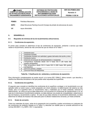 NRF-053-PEMEX-2005
Revisión: 0COMITÉ DE NORMALIZACIÓN
DE PETRÓLEOS MEXICANOS Y
ORGANISMOS SUBSIDIARIOS
SISTEMAS DE PROTECCIÓN
ANTICORROSIVA A BASE DE
RECUBRIMIENTOS PARA
INSTALACIONES SUPERFICIALES PÁGINA 13 DE 54
PEMEX Petróleos Mexicanos.
SSPC (Steel Structures Painting Council) Consejo de pintado de estructuras de acero.
UV rayos ultravioleta.
8. DESARROLLO.
8.1. Requisitos de mínimos de los de recubrimientos anticorrosivos.
8.1.1. Condiciones de exposición.
El primer paso consiste en determinar el tipo de condiciones de exposición, ambiente o servicio que debe
resistir el recubrimiento, siendo las más comunes las que se indican en la Tabla 1.
1 Ambiente seco
2 Ambiente húmedo
3 Ambientes húmedo con salinidad y gases derivados del azufre y otros.
4 Ambiente marino
5 Interiores de tanques de almacenamiento o recipientes
6
Temperatura moderada desde 333 K hasta 533 K (60 hasta 260
grados centígrados)
7
Alta temperatura desde 533 K hasta 833 K (260 hasta 560 grados
centígrados)
8 Zona de mareas y oleajes
9 Zona de Pisos de Helipuertos
Tabla No. 1 Clasificación de ambientes y condiciones de exposición.
Para información complementaria se puede recurrir a la norma ISO 12944-2, última revisión, que describe y
clasifica las diferentes atmósferas a las que pueden estar expuestas las superficies.
8.1.2. Condiciones de superficie.
El segundo paso consiste en identificar las condiciones de la superficie a proteger; si el recubrimiento va a ser
aplicado sobre un acero nuevo y recién preparado con chorro abrasivo, la determinación del sistema es más
simple, pero si la superficie tiene un recubrimiento viejo y maltratado por el medio ambiente, entonces la
determinación es crítica ya que se debe determinar si se encuentra en condiciones de mantenimiento o no; en
caso de no eliminarse el recubrimiento existente, se debe efectuar una prueba de compatibilidad y determinar el
tipo de limpieza y recubrimiento a aplicar. En caso de que deba retirarse el recubrimiento deteriorado, se debe
determinar el método de limpieza más adecuado para no afectar instalaciones cercanas y al medio ambiente.
8.1.3. Grado de corrosión.
Todos los materiales de acero, antes de la preparación de la superficie, pueden encontrarse en cualquiera de
las condiciones de oxidación listadas en la Tabla 2 y descritas con detalle para su consulta adicional en las
normas ISO-8501-1-3 y SSPC- VIS 1 ó equivalente.
 