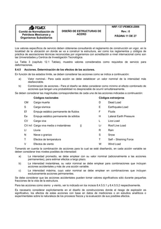 NRF-137-PEMEX-2006
   Comité de Normalización de             DISEÑO DE ESTRUCTURAS DE                          Rev.: 0
     Petróleos Mexicanos y                          ACERO
                                                                                       PÁGINA 11 DE 27
    Organismos Subsidiarios


Los valores específicos de servicio deben obtenerse consultando el reglamento de construcción en vigor, en la
localidad de la ubicación en donde se va a construir la estructura, así como los reglamentos y códigos de
práctica de asociaciones técnicas reconocidas por organismos con acreditación a nivel internacional como son
las Universidades y Centros de Investigación Tecnológica.
La Tabla 3 (capítulo 12.1 Tablas), muestra valores considerados como requisitos de servicio para
deformaciones.
8.4.5   Acciones. Determinación de los efectos de las acciones.
En función de los estados límite, se deben considerar las acciones como se indica a continuación:
   a)        Valor nominal.- Para cada acción se debe establecer un valor nominal de la intensidad más
             desfavorable.
   b)        Combinación de acciones.- Para el diseño se debe considerar como mínimo el efecto combinado de
             acciones que tengan una probabilidad no despreciable de ocurrir simultáneamente.
Se deben considerar las magnitudes correspondientes de cada una de las acciones indicadas a continuación:
                 Códigos nacionales                                     Códigos extranjeros
        CM       Carga muerta                                           D       Dead Load
        S        Carga sísmica                                          E       Earthquake Load
        Ef       Empuje estático permanente de fluidos                  F       Fluids
        Ee       Empuje estático permanente de sólidos                  H       Lateral Earth Pressure
        CV       Carga viva                                             L       Live Load
        CV m/i Carga viva media o instantánea            ||             Lr      Roof Live Load
        Ll       Lluvia                                                 R       Rain
        N        Nieve o granizo                                        S       Snow
        T        Efectos de temperatura                                 T       Self – Straining Force
        V        Efectos de viento                                      W       Wind Load
Tomando en cuenta la combinación de acciones para la cual se esté diseñando, en cada acción variable se
deben considerar tres niveles posibles de intensidad:
   a)        La intensidad promedio, se debe emplear con su valor nominal (adicionalmente a las acciones
             permanentes), para estimar efectos a largo plazo.
   b)        La intensidad instantánea, su valor nominal se debe emplear para combinaciones que incluyan
             acciones accidentales y más de una acción variable.
   c)        La intensidad máxima, cuyo valor nominal se debe emplear en combinaciones que incluyan
             exclusivamente acciones permanentes.
Se debe considerar que las acciones accidentales pueden tomar valores significativos sólo durante pequeñas
fracciones de la vida de la estructura.
Para las acciones como sismo y viento, ver lo indicado en los incisos 8.4.5.5.1 y 8.4.5.5.2 respectivamente.
Es necesario considerar explícitamente en el diseño de construcciones donde el riesgo de explosión es
significativo, los efectos de estas acciones con base en datos de mediciones o en estudios analíticos o
experimentales sobre la naturaleza de los procesos físicos y la evaluación de sus posibles efectos.
 