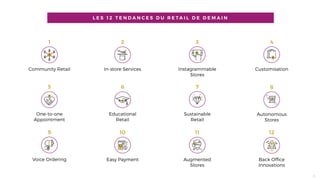L E S 1 2 T E N D A N C E S D U R E TA I L D E D E M A I N
Community Retail
1
In-store Services
2
Instagrammable
Stores
3
Customisation
4
One-to-one
Appointment
5
Educational
Retail
6
Sustainable
Retail
7
Autonomous
Stores
8
Easy Payment
10 11
Back Ofﬁce
Innovations
12
Augmented
Stores
6
Voice Ordering
9
 