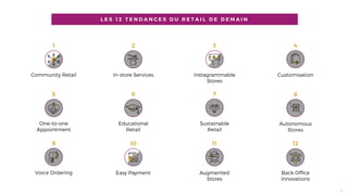L E S 1 2 T E N D A N C E S D U R E T A I L D E D E M A I N
Community Retail
1
In-store Services
2
Instagrammable
Stores
3
Customisation
4
One-to-one
Appointment
5
Educational
Retail
6
Sustainable
Retail
7
Autonomous
Stores
8
Easy Payment
10 11
Back Ofﬁce
Innovations
12
Augmented
Stores
6
Voice Ordering
9
 