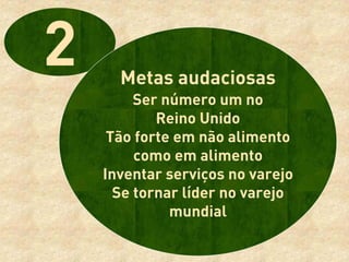 Metas audaciosas
     Ser número um no
        Reino Unido
 Tão forte em não alimento
     como em alimento
Inventar serviços no varejo
  Se tornar líder no varejo
          mundial
 