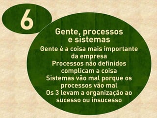 Gente, processos
      e sistemas
Gente é a coisa mais importante
          da empresa
   Processos não definidos
      complicam a coisa
 Sistemas vão mal porque os
      processos vão mal
 Os 3 levam a organização ao
    sucesso ou insucesso
 
