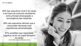 © 2016 IBM12
65% dos executivos nível C do varejo
e em bens de consumo consideram
como principal preocupação a
convergência das indústrias.
69% dos executivos afirmam que o
consumidor demanda mais
experiências personalizadas.
91% acreditam que capacidade
cognitiva vai ter um papel disruptivo
no varejo.
Fonte: IBM Institute for Business Value
NRF 2016 Webinar
 