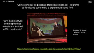 NRF 2016 Webinar
“Como conectar as pessoas diferencia o negócio! Programa
de fidelidade como meio e experiência como fim! ”
https://nrf.com/news/tapping-hospitalitys-secrets-success#sthash.QHIbo5VT.dpuf
Stephen P. Joyce,
CEO da Choice
Hotels
“50% das reservas
com dispositivos
móveis em 3 clicks!
45% crescimento”
 