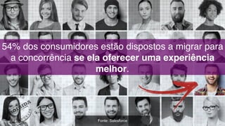 54% dos consumidores estão dispostos a migrar para
a concorrência se ela oferecer uma experiência
melhor.
Fonte: Salesforce
 