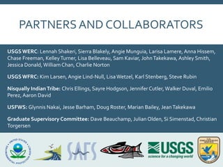 PARTNERS AND COLLABORATORS
USGSWERC: Lennah Shakeri, Sierra Blakely,Angie Munguia, Larisa Lamere, Anna Hissem,
Chase Freeman, KelleyTurner, Lisa Belleveau, Sam Kaviar, JohnTakekawa, Ashley Smith,
Jessica Donald, William Chan, Charlie Norton
USGSWFRC: Kim Larsen, Angie Lind-Null, LisaWetzel, Karl Stenberg, Steve Rubin
Nisqually IndianTribe: Chris Ellings, Sayre Hodgson, Jennifer Cutler,Walker Duval, Emilio
Perez, Aaron David
USFWS: Glynnis Nakai, Jesse Barham, Doug Roster, Marian Bailey, JeanTakekawa
Graduate Supervisory Committee: Dave Beauchamp, Julian Olden, Si Simenstad, Christian
Torgersen
 