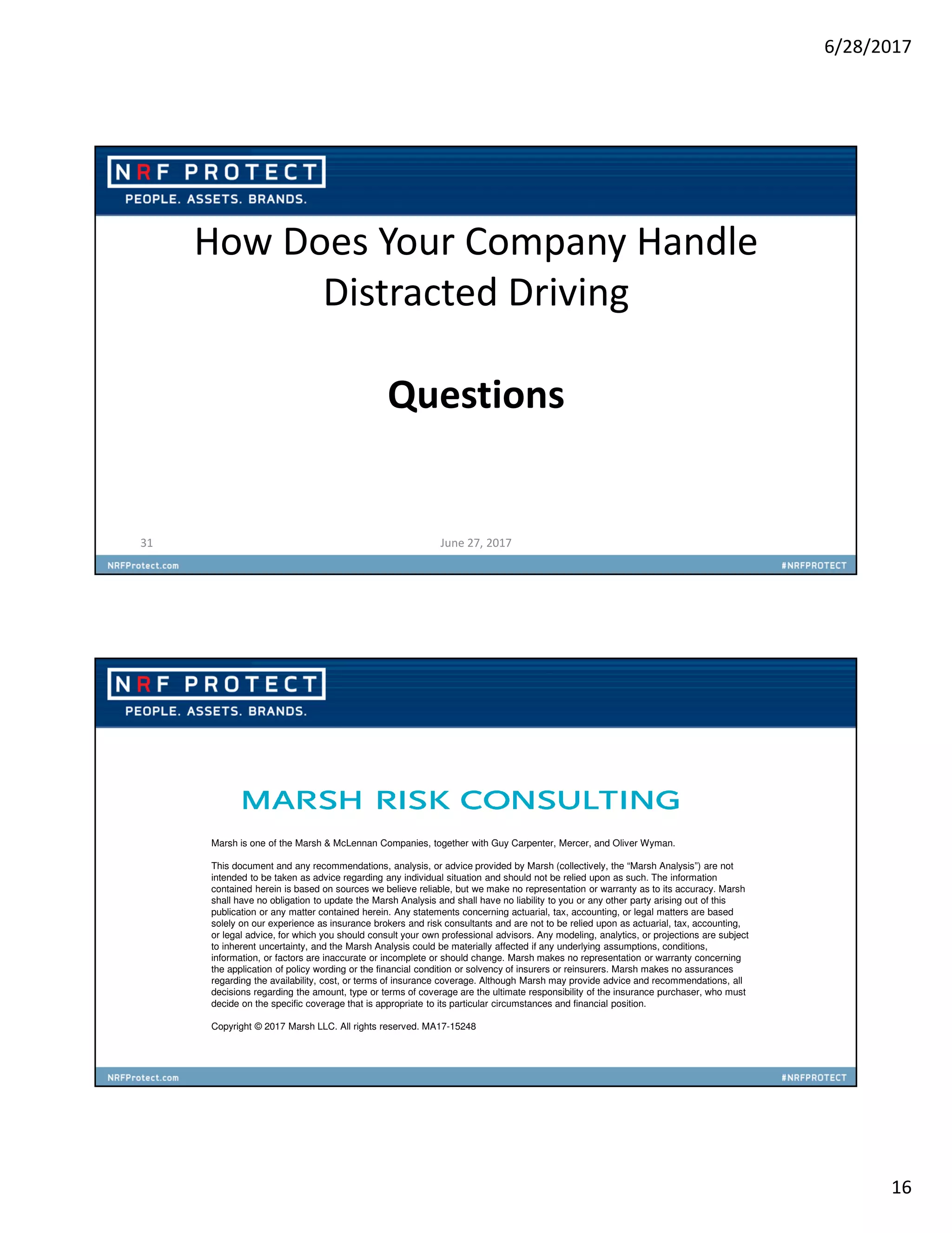 6/28/2017
16
How Does Your Company Handle
Distracted Driving
Questions
31 June 27, 2017
Marsh is one of the Marsh & McLennan Companies, together with Guy Carpenter, Mercer, and Oliver Wyman.
This document and any recommendations, analysis, or advice provided by Marsh (collectively, the “Marsh Analysis”) are not
intended to be taken as advice regarding any individual situation and should not be relied upon as such. The information
contained herein is based on sources we believe reliable, but we make no representation or warranty as to its accuracy. Marsh
shall have no obligation to update the Marsh Analysis and shall have no liability to you or any other party arising out of this
publication or any matter contained herein. Any statements concerning actuarial, tax, accounting, or legal matters are based
solely on our experience as insurance brokers and risk consultants and are not to be relied upon as actuarial, tax, accounting,
or legal advice, for which you should consult your own professional advisors. Any modeling, analytics, or projections are subject
to inherent uncertainty, and the Marsh Analysis could be materially affected if any underlying assumptions, conditions,
information, or factors are inaccurate or incomplete or should change. Marsh makes no representation or warranty concerning
the application of policy wording or the financial condition or solvency of insurers or reinsurers. Marsh makes no assurances
regarding the availability, cost, or terms of insurance coverage. Although Marsh may provide advice and recommendations, all
decisions regarding the amount, type or terms of coverage are the ultimate responsibility of the insurance purchaser, who must
decide on the specific coverage that is appropriate to its particular circumstances and financial position.
Copyright © 2017 Marsh LLC. All rights reserved. MA17-15248
 
