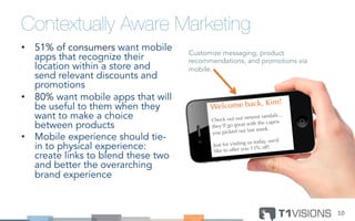 Contextually Aware Marketing
•  51% of consumers want mobile
apps that recognize their
location within a store and
send relevant discounts and
promotions
•  80% want mobile apps that will
be useful to them when they
want to make a choice
between products
•  Mobile experience should tie-
in to physical experience:
create links to blend these two
and better the overarching
brand experience
10	
  
Welcome back, Kim!
Check out our newest sandals…
they’ll go great with the capris
you picked out last week.
Just for visiting us today, we’d
like to offer you 15% off!
Customize messaging, product
recommendations, and promotions via
mobile.
 