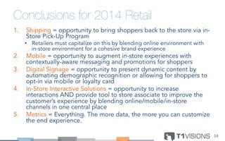 Conclusions for 2014 Retail
1.  Shipping = opportunity to bring shoppers back to the store via in-
Store Pick-Up Program
•  Retailers must capitalize on this by blending online environment with
in-store environment for a cohesive brand experience
2.  Mobile = opportunity to augment in-store experiences with
contextually-aware messaging and promotions for shoppers
3.  Digital Signage = opportunity to present dynamic content by
automating demographic recognition or allowing for shoppers to
opt-in via mobile or loyalty card
4.  In-Store Interactive Solutions = opportunity to increase
interactions AND provide tool to store associate to improve the
customer’s experience by blending online/mobile/in-store
channels in one central place
5.  Metrics = Everything. The more data, the more you can customize
the end experience.
14	
  
 