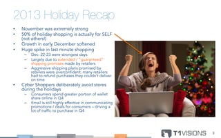 2013 Holiday Recap
•  November was extremely strong
•  50% of holiday shopping is actually for SELF
(not others!)
•  Growth in early December softened
•  Huge spike in last minute shopping
–  Dec. 22-23 were strongest days
–  Largely due to extended / “guaranteed”
shipping promises made by retailers
–  Aggressive shipping plans promised by
retailers were overconfident: many retailers
had to refund purchases they couldn’t deliver
on time
•  Cyber Shoppers deliberately avoid stores
during the holidays
–  Consumers spend greater portion of wallet
share online in Q4
–  Email is still highly effective in communicating
promotions / deals for consumers – driving a
lot of traffic to purchase in Q4
3	
  
 