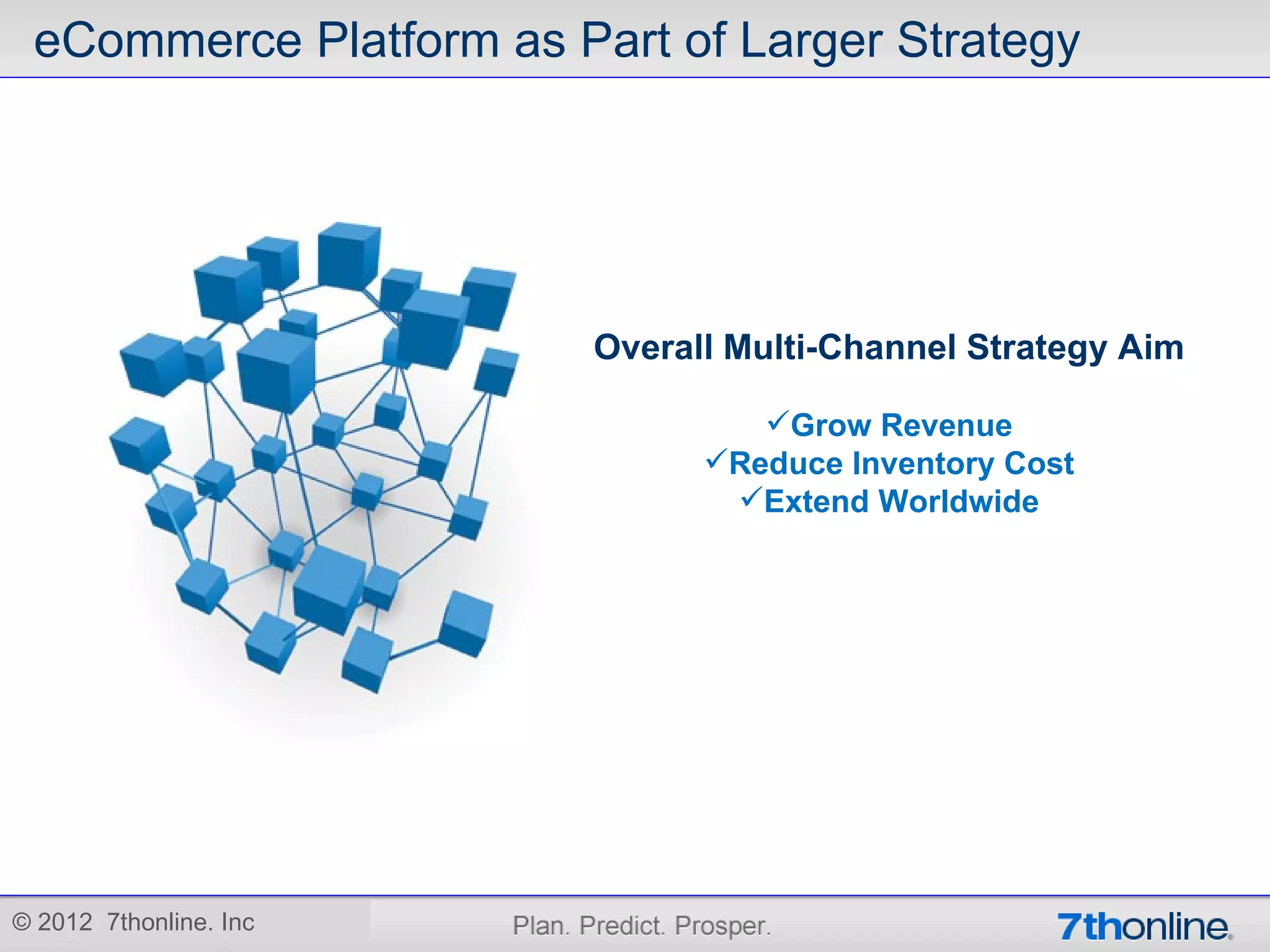 eCommerce Platform as Part of Larger Strategy




                         Overall Multi-Channel Strategy Aim

                                  Grow Revenue
                               Reduce Inventory Cost
                                Extend Worldwide




© 2012 7thonline. Inc
 