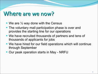 Where  are we now? We are ½ way done with the Census The voluntary mail participation phase is over and provides the starting line for our operations We have recruited thousands of partners and tens of thousands of applicants for jobs We have hired for our field operations which will continue through September Our peak operation starts in May - NRFU 