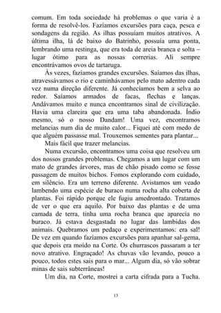comum. Em toda sociedade há problemas o que varia é a
forma de resolvê-los. Fazíamos excursões para caça, pesca e
sondagens da região. As ilhas possuíam muitos atrativos. A
última ilha, lá de baixo do Batrinho, possuía uma ponta,
lembrando uma restinga, que era toda de areia branca e solta 
lugar ótimo para as nossas correrias. Ali sempre
encontrávamos ovos de tartaruga.
Às vezes, fazíamos grandes excursões. Saíamos das ilhas,
atravessávamos o rio e caminhávamos pelo mato adentro cada
vez numa direção diferente. Já conhecíamos bem a selva ao
redor. Saíamos armados de facas, flechas e lanças.
Andávamos muito e nunca encontramos sinal de civilização.
Havia uma clareira que era uma taba abandonada. Índio
mesmo, só o nosso Dandam! Uma vez, encontramos
melancias num dia de muito calor... Fiquei até com medo de
que alguém passasse mal. Trouxemos sementes para plantar...
Mais fácil que trazer melancias.
Numa excursão, encontramos uma coisa que resolveu um
dos nossos grandes problemas. Chegamos a um lugar com um
mato de grandes árvores, mas de chão pisado como se fosse
passagem de muitos bichos. Fomos explorando com cuidado,
em silêncio. Era um terreno diferente. Avistamos um veado
lambendo uma espécie de buraco numa rocha alta coberta de
plantas. Foi rápido porque ele fugiu amedrontado. Tratamos
de ver o que era aquilo. Por baixo das plantas e de uma
camada de terra, tinha uma rocha branca que aparecia no
buraco. Já estava desgastada no lugar das lambidas dos
animais. Quebramos um pedaço e experimentamos: era sal!
De vez em quando fazíamos excursões para apanhar sal-gema,
que depois era moído na Corte. Os churrascos passaram a ter
novo atrativo. Engraçado! As chuvas vão levando, pouco a
pouco, todos estes sais para o mar... Algum dia, só vão sobrar
minas de sais subterrâneas!
Um dia, na Corte, mostrei a carta cifrada para a Tucha.
13
 