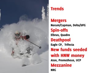 Trends

Mergers
Norum/Capman, Delta/UFG
Spin-offs
Elbrus, Quadro
Deathpool
Eagle CP, Trifecta
New funds seeded
with HNW money
Aton, Prometheus, UCP
Mezzanine
NRG
 