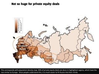 Not so huge for private equity deals




                      Central
                       and
                     Northern
                      Russia
                                           Urals

                                                         Siberia



This corresponds with population density map. 90% of private equity deals are done in highlighted regions, which have the
size similar to Europe. Once people understand this, it is much easier to fit Russia into their minds.
 