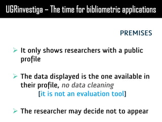 • Easy to set up (just search for
your papers)
• Terrific tool for comparing
researchers within a field or
department
• Au...
