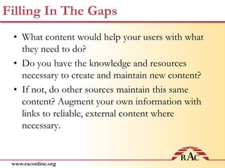 Content You HaveA Content Inventory can help you identify and organize what you already have in place.Click through your website and record what you find in a spreadsheet. 