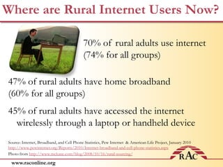 Where are Rural Internet Users Now?70% of rural adults use internet (74% for all groups)47% of rural adults have home broadband (60% for all groups)45% of rural adults have accessed the internet wirelessly through a laptop or handheld deviceSource: Internet, Broadband, and Cell Phone Statistics, Pew Internet  & American Life Project, January 2010 http://www.pewinternet.org/Reports/2010/Internet-broadband-and-cell-phone-statistics.aspxPhoto from http://www.mckane.com/blog/2008/10/16/rural-sourcing/