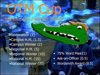 OTM   Cup Will your area come out on top? 75% Word Max (1) Ask-an-Officer (0.5) Wordsmith Award (0.5) Nomination (1) Campus H.M. (1.5) Campus Winner (2) Regional H.M. (5) Regional Winner (10) National H.M. (15) National Winner (20) 