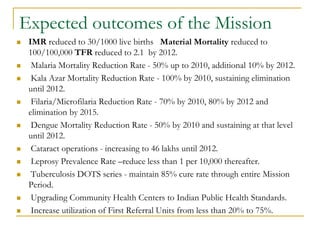 Expected outcomes of the Mission
 IMR reduced to 30/1000 live births Material Mortality reduced to
100/100,000 TFR reduced to 2.1 by 2012.
 Malaria Mortality Reduction Rate - 50% up to 2010, additional 10% by 2012.
 Kala Azar Mortality Reduction Rate - 100% by 2010, sustaining elimination
until 2012.
 Filaria/Microfilaria Reduction Rate - 70% by 2010, 80% by 2012 and
elimination by 2015.
 Dengue Mortality Reduction Rate - 50% by 2010 and sustaining at that level
until 2012.
 Cataract operations - increasing to 46 lakhs until 2012.
 Leprosy Prevalence Rate –reduce less than 1 per 10,000 thereafter.
 Tuberculosis DOTS series - maintain 85% cure rate through entire Mission
Period.
 Upgrading Community Health Centers to Indian Public Health Standards.
 Increase utilization of First Referral Units from less than 20% to 75%.
 