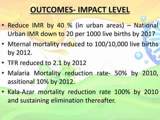 OUTCOMES- IMPACT LEVEL
• Reduce IMR by 40 % (in urban areas) – National
Urban IMR down to 20 per 1000 live births by 2017
• Mternal mortality reduced to 100/10,000 live births
by 2012.
• TFR reduced to 2.1 by 2012
• Malaria Mortality reduction rate- 50% by 2010,
assitional 10% by 2012.
• Kala-Azar mortality reduction rate 100% by 2010
and sustaining elimination thereafter.
 