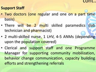 cont..
Support Staff
• Two doctors (one regular and one on a part time
basis)
• There will be 2 multi skilled paramedics (lab
technician and pharmacist)
• 2 multi-skilled nurse, 1 LHV, 4-5 ANMs (depending
upon the population covered)
• Clerical and support staff and one Programme
Manager for supporting community mobilization,
behavior change communication, capacity building
efforts and strengthening referrals
 