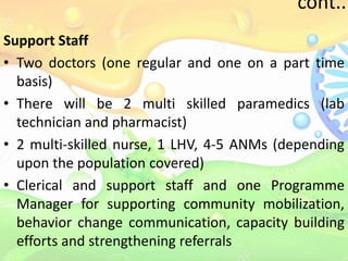 cont..
Support Staff
• Two doctors (one regular and one on a part time
basis)
• There will be 2 multi skilled paramedics (lab
technician and pharmacist)
• 2 multi-skilled nurse, 1 LHV, 4-5 ANMs (depending
upon the population covered)
• Clerical and support staff and one Programme
Manager for supporting community mobilization,
behavior change communication, capacity building
efforts and strengthening referrals
 