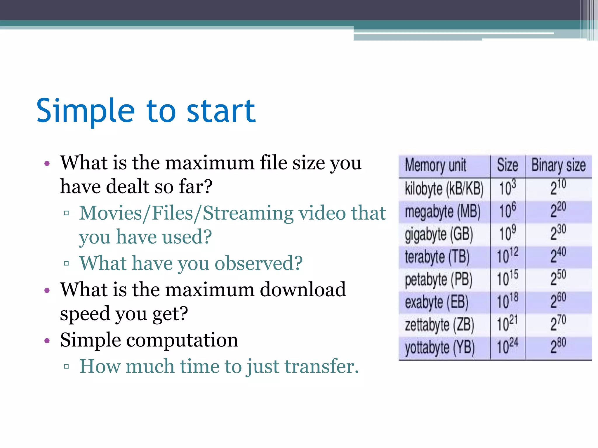 Simple to start 
• What is the maximum file size you 
have dealt so far? 
▫ Movies/Files/Streaming video that 
you have used? 
▫ What have you observed? 
• What is the maximum download 
speed you get? 
• Simple computation 
▫ How much time to just transfer. 
 